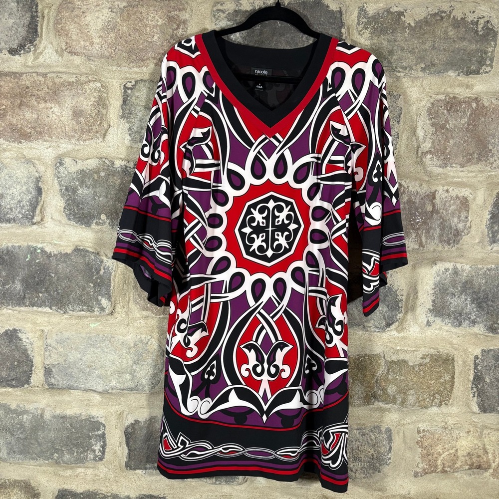 Nicole by Nicole‎ Miller Dress Size 6 Red Purple Black White Patterned Retro